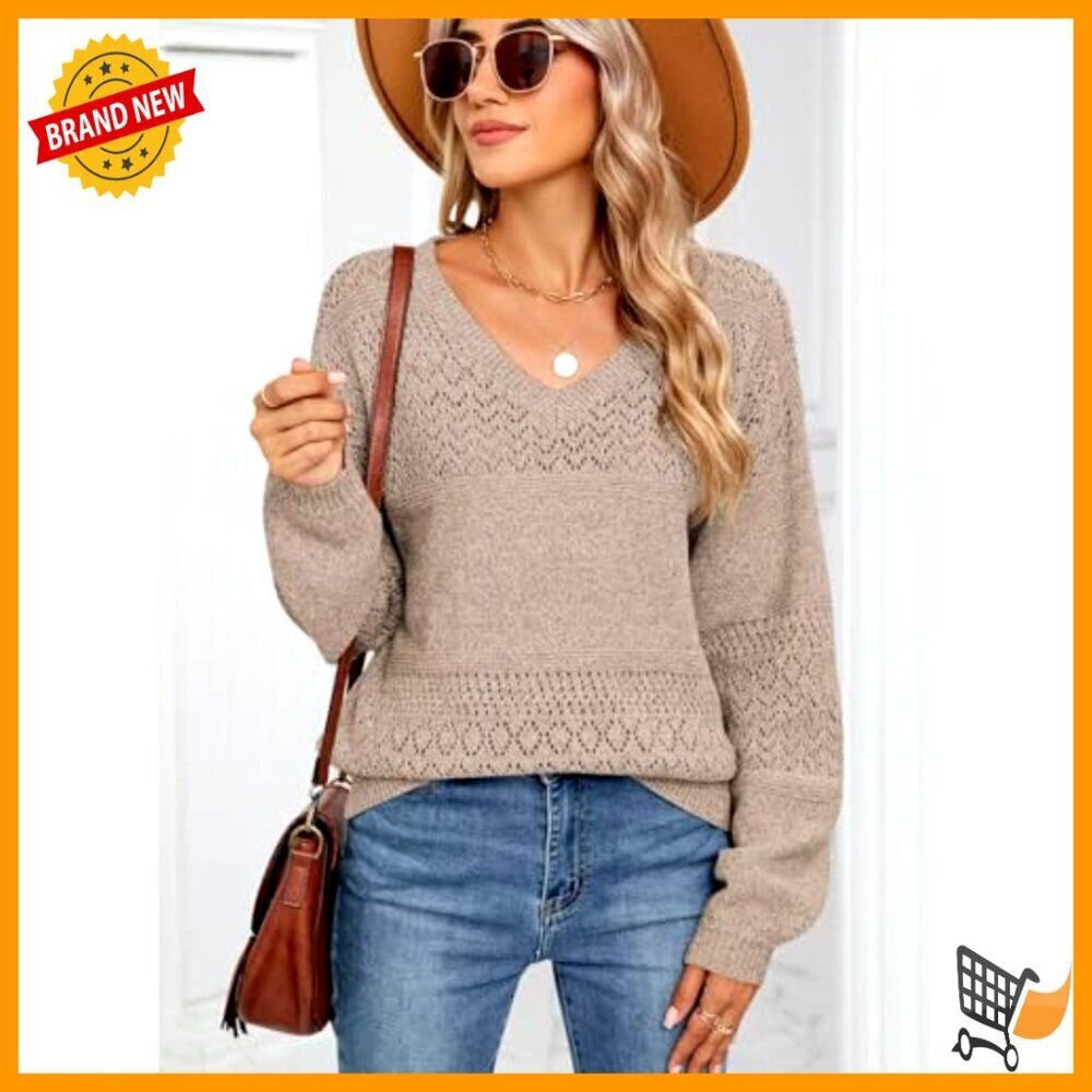 V Neck Crochet Pullover Sweater Lightweight Hollow Knit Casual Loose Fit - Picture 2 of 7